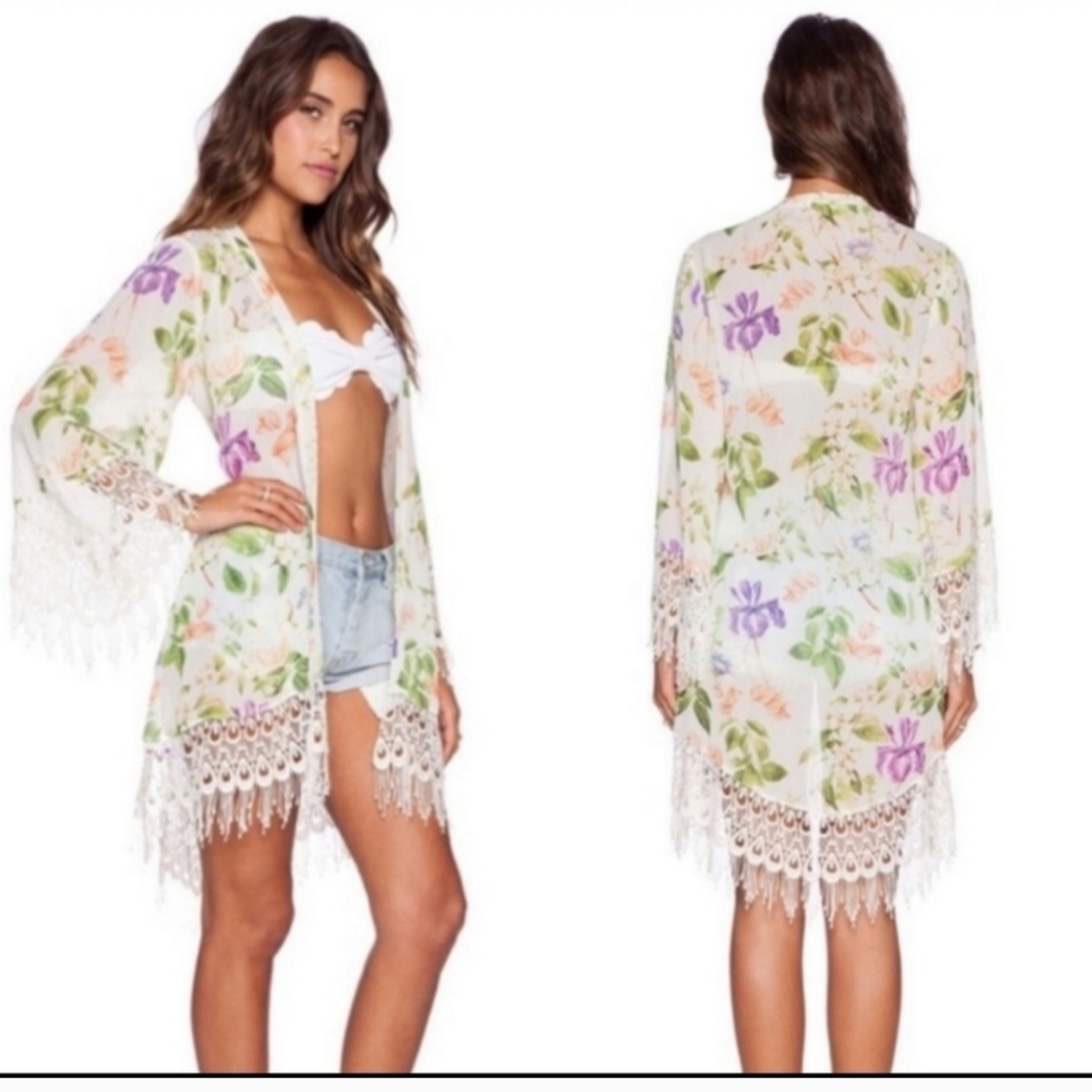 SHOW ME YOUR MUMU SZ L 100% Polyester Open Front Shawl White Crochet Lace Fringe